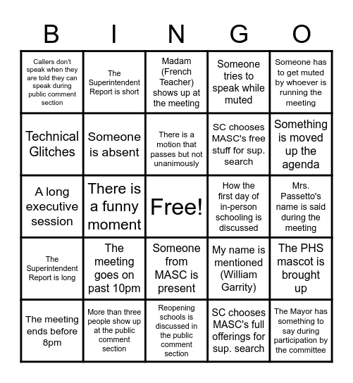 Pittsfield School Committee Meeting 10/13/20 Bingo Card