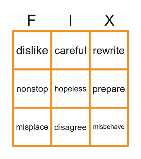 Building Affixes Bingo Card