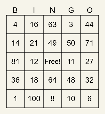 Multiplication and Division Bingo Card