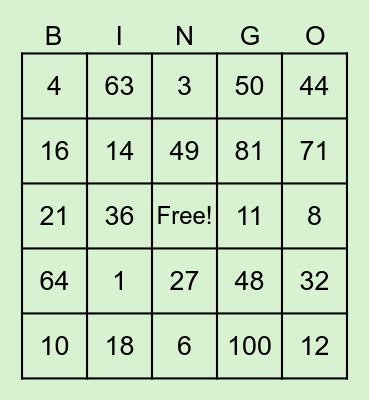 Multiplication and Division Bingo Card