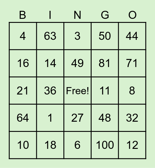 Multiplication and Division Bingo Card