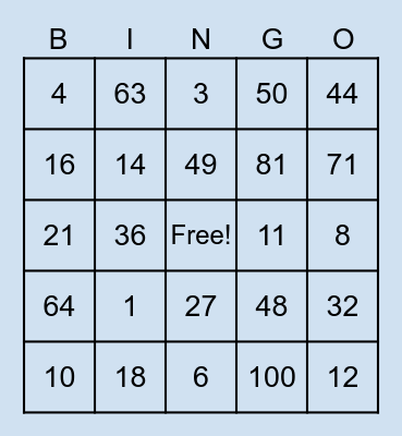 Multiplication and Division Bingo Card