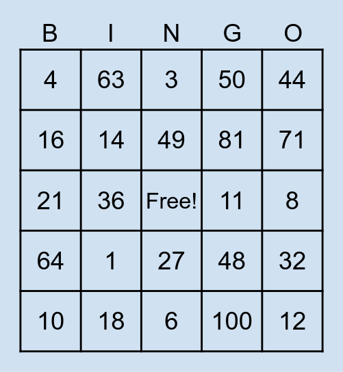 Multiplication and Division Bingo Card