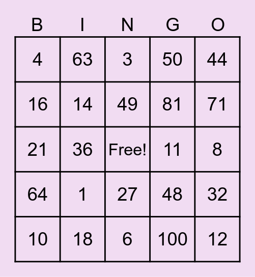 Multiplication and Division Bingo Card
