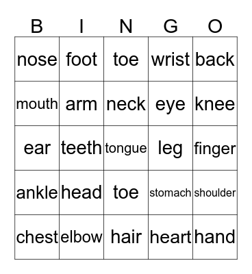 Body Part Bingo Card