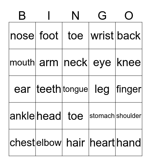 Body Part Bingo Card