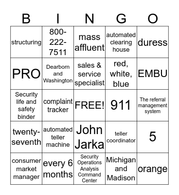 Banking Center BINGO Card