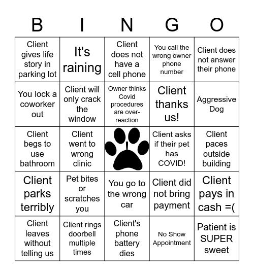 Covid-19 Veterinary Curbside Bingo Card