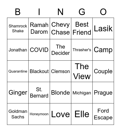 Jonathan & Claire's Rehearsal Dinner Bingo Card
