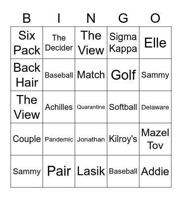 Jonathan & Claire's Rehearsal Dinner Bingo Card