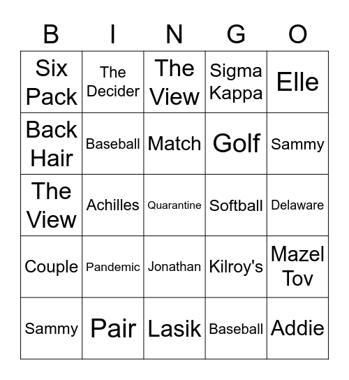 Jonathan & Claire's Rehearsal Dinner Bingo Card