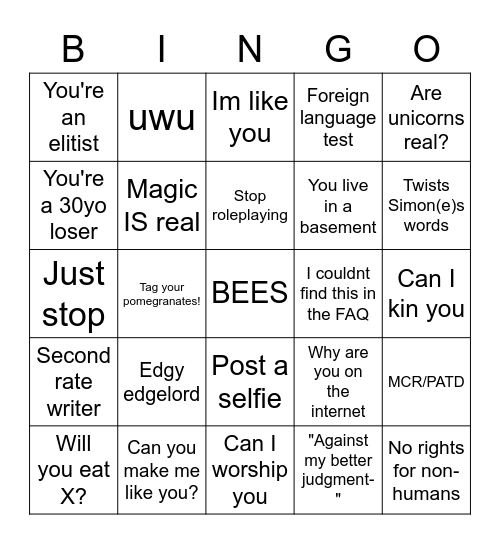 Creatures Bingo Card