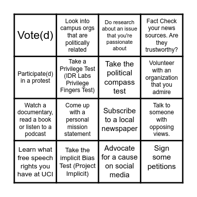 Activate Your Activism Bingo Card