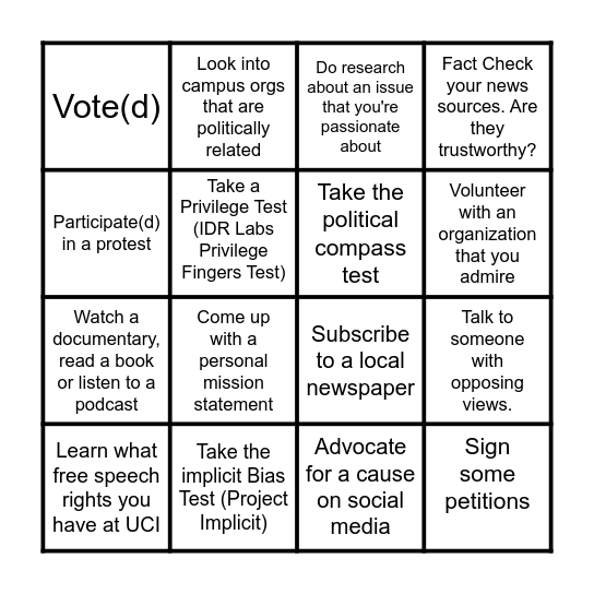 Activate Your Activism Bingo Card