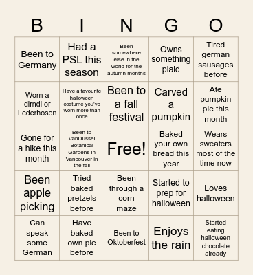 Oktoberfest/Fall Bingo Card