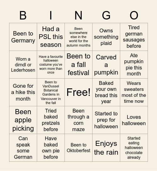 Oktoberfest/Fall Bingo Card