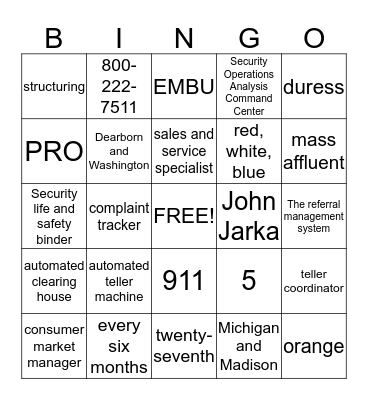 Banking Center BINGO Card