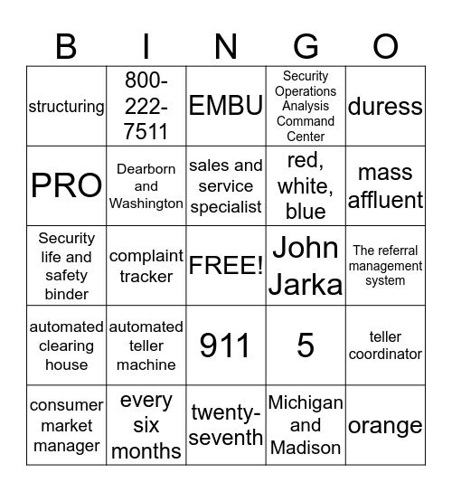 Banking Center BINGO Card