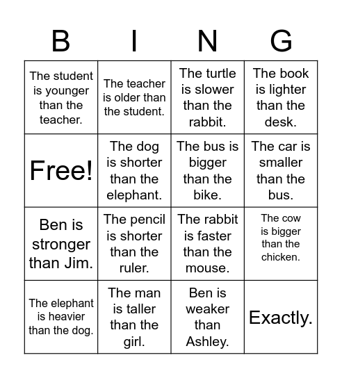 adj. phrases Bingo Card