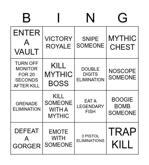 FORTNITE BINGO Card