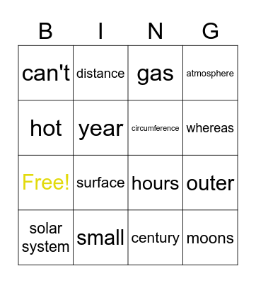 Gr 6 Lesson 3A / 3B Vocab Review Bingo Card