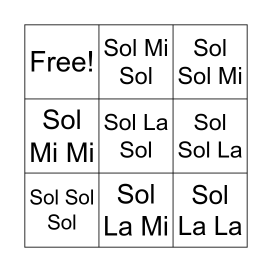 Solfege- Sol Mi La Bingo Card