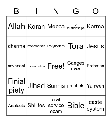 Religion Bingo Card