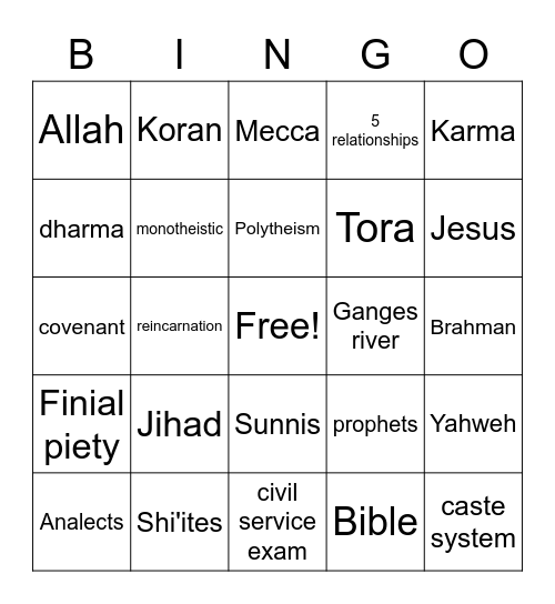 Religion Bingo Card