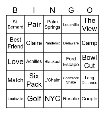 Jonathan & Claire's Rehearsal Dinner Bingo Card