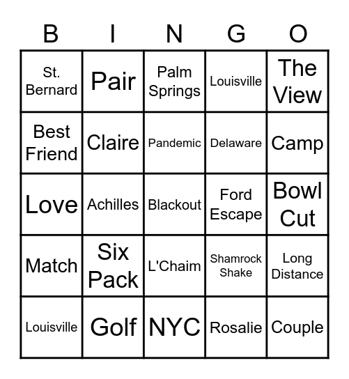 Jonathan & Claire's Rehearsal Dinner Bingo Card