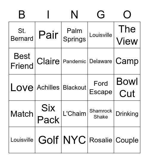 Jonathan & Claire's Rehearsal Dinner Bingo Card