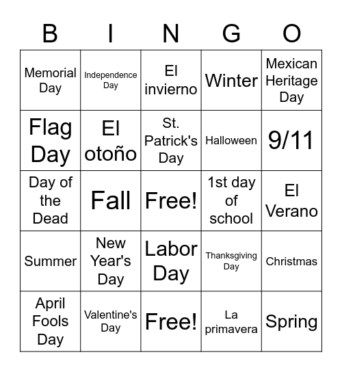 Holidays and Seasons Bingo Card