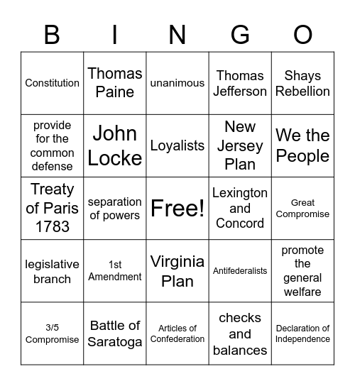 American Revolution - New Republic Bingo Card