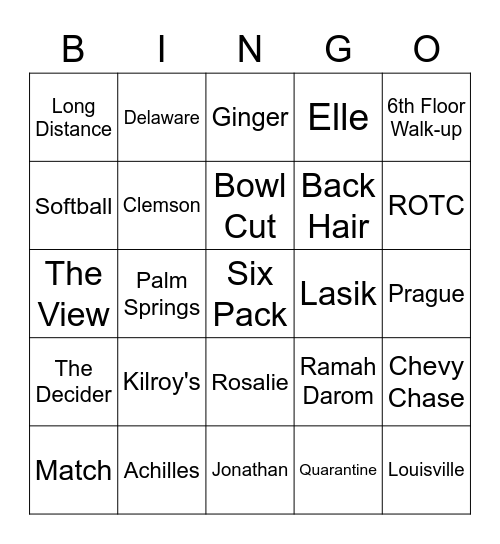 Jonathan & Claire's Rehearsal Dinner Bingo Card