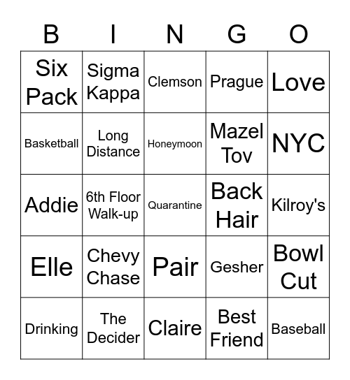 Jonathan & Claire's Rehearsal Dinner Bingo Card
