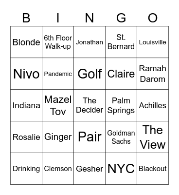 Jonathan & Claire's Rehearsal Dinner Bingo Card