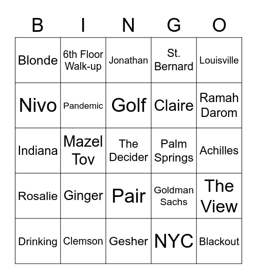 Jonathan & Claire's Rehearsal Dinner Bingo Card