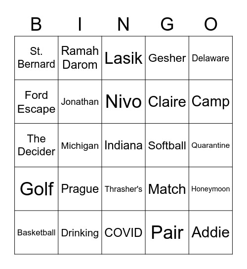 Jonathan & Claire's Rehearsal Dinner Bingo Card