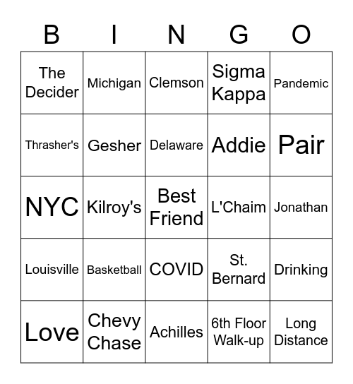 Jonathan & Claire's Rehearsal Dinner Bingo Card