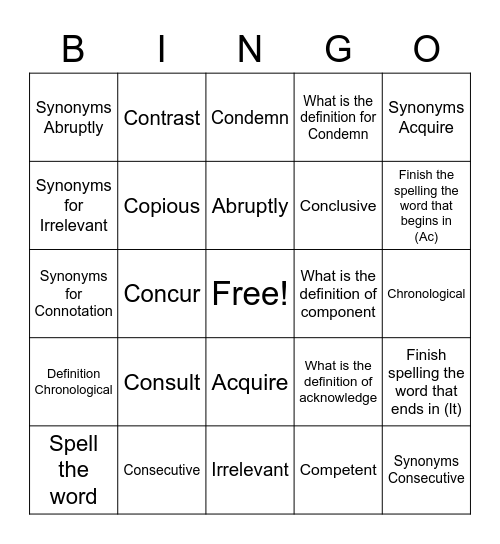 Spelling Bingo Card