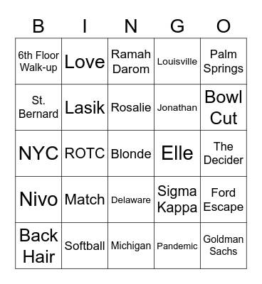 Jonathan & Claire's Rehearsal Dinner Bingo Card