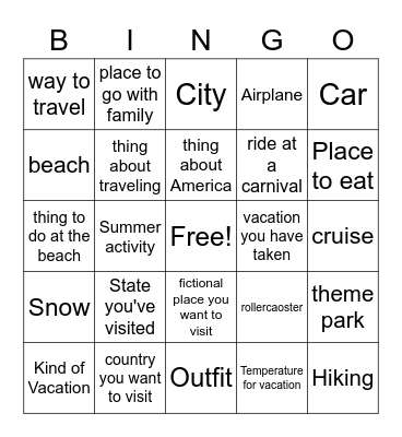 Favorite Travel and Recreation Bingo Card