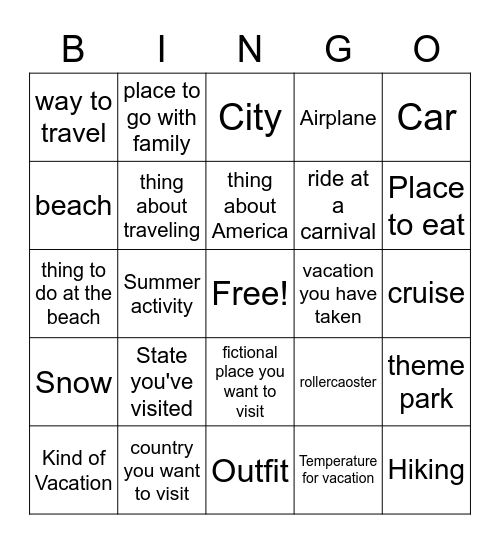 Favorite Travel and Recreation Bingo Card