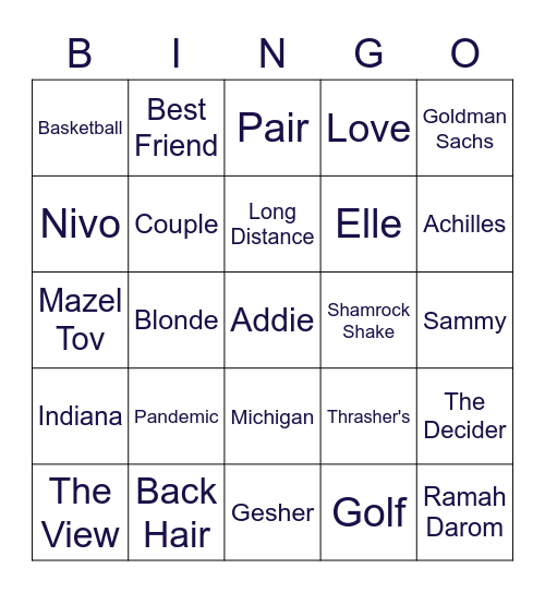 Jonathan & Claire's Rehearsal Dinner Bingo Card