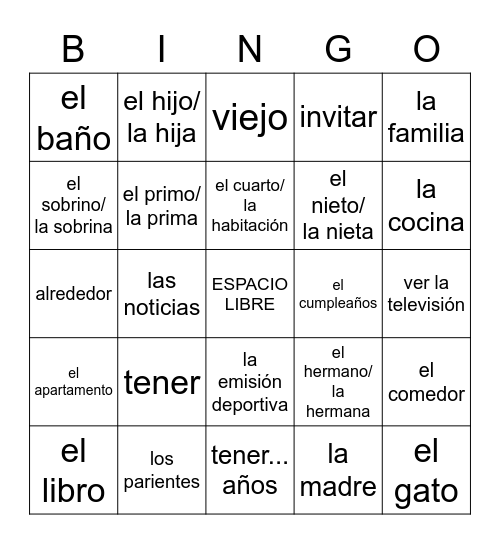 Repaso C - Vocabulario Bingo Card