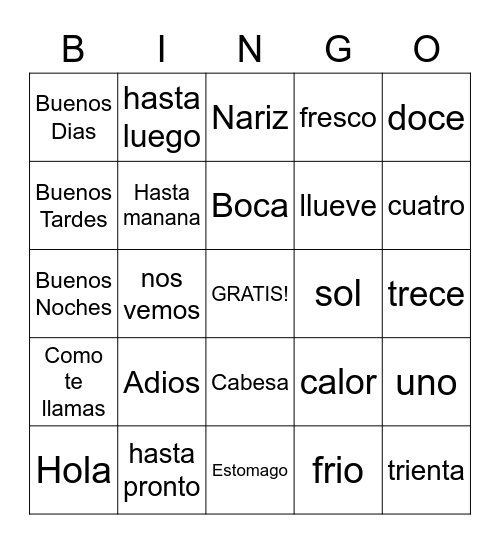 Spanish test 1 Bingo Card