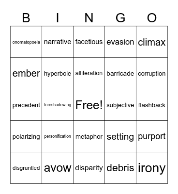 Word of the Day/Literary Terms Bingo Card