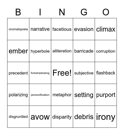 Word of the Day/Literary Terms Bingo Card