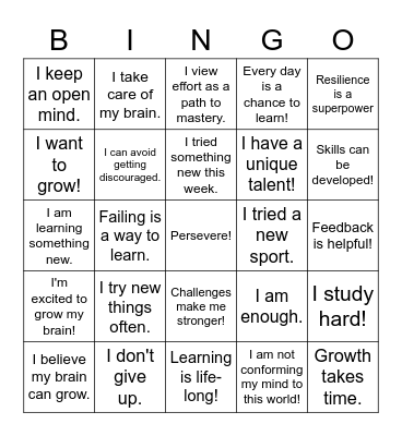 Growth Mindset Bingo Card
