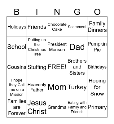 Thanks Giving Bingo Card